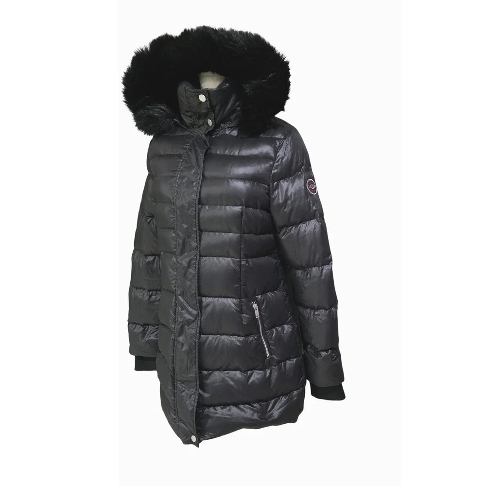 UGG Puffer Jacket Womens S Black Faux Fur Hooded Parka Quilted Zip‎